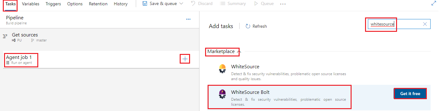 Screenshot of the Add tasks pane in Marketplace with WhiteSource Bolt highlighted